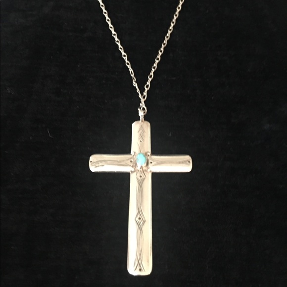 Jewelry - Sterling silver cross necklace/turquoise stone Jewelry - Sterling silver cross necklace/turquoise stone